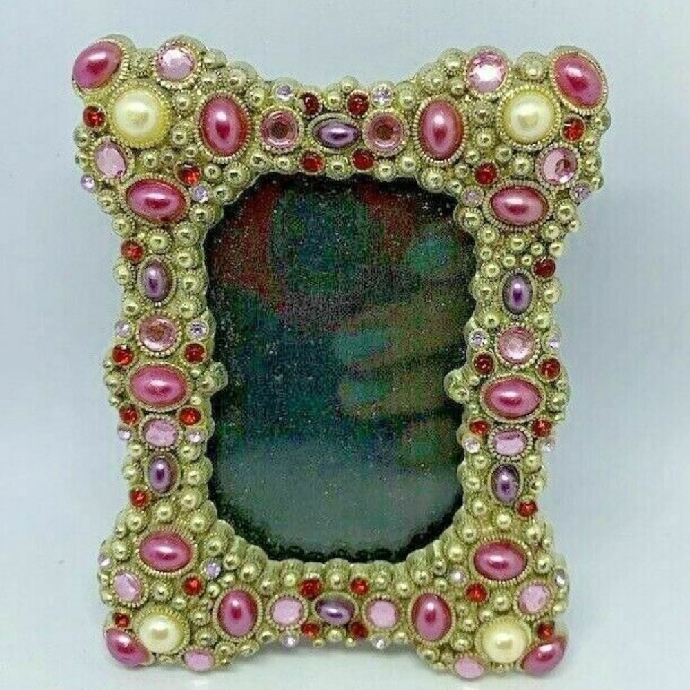 Vintage! Ornate Metal Pewter with Different Rhinestones Photo Frame ~4" x 3"